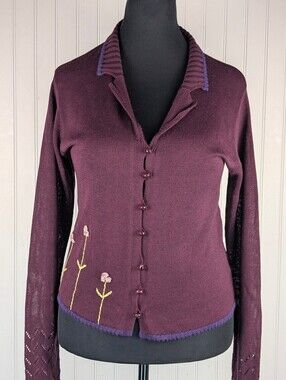 Cousin Johnny Embroidered Floral Knit Cardigan Sweater Purple, Size Large